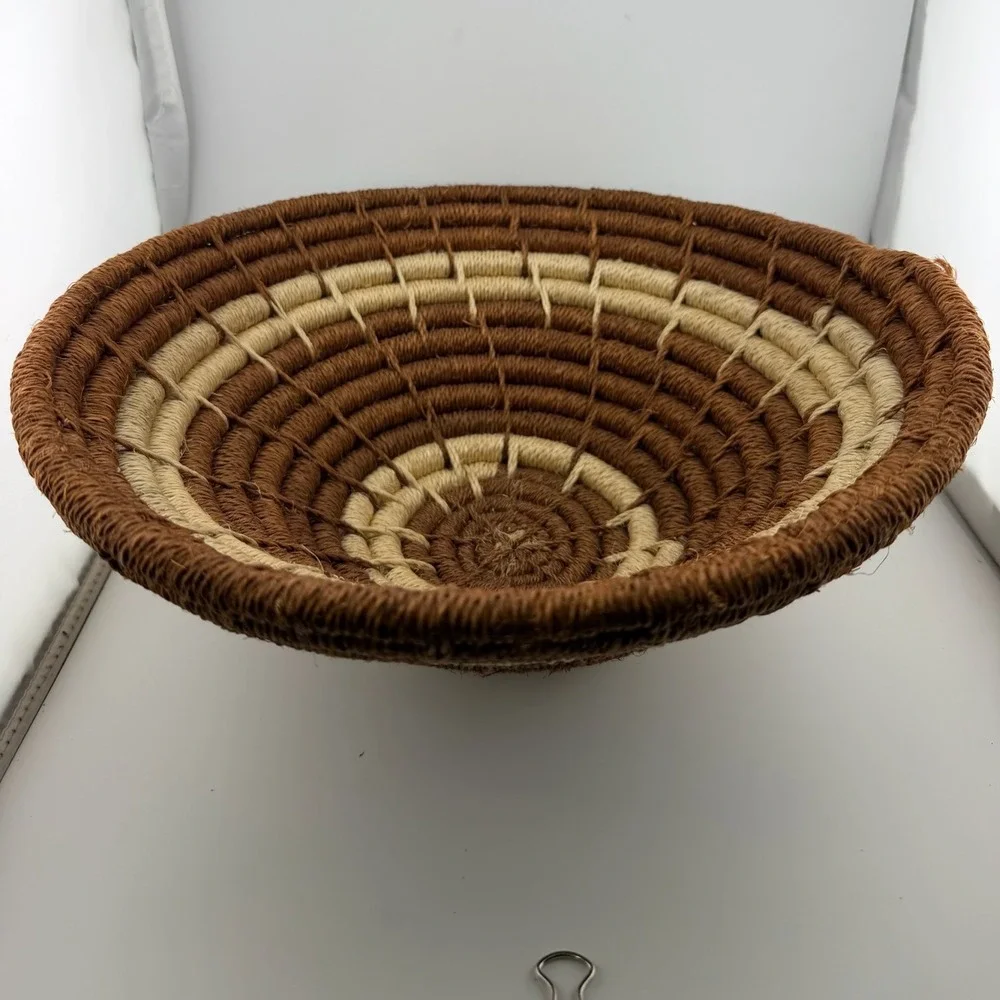 Handwoven Coiled Basket Bowl Brown Cream Boho Wall Decor Excellent